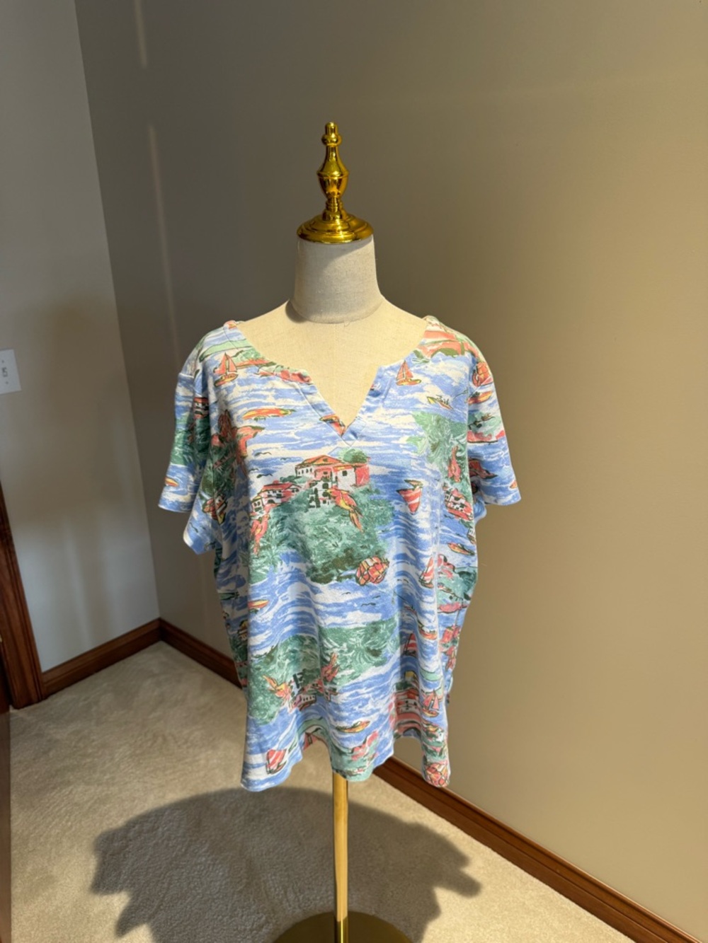 Kim Rogers Coastal Print V-Neck Short Sleeve Top in Blue, Green and Coral